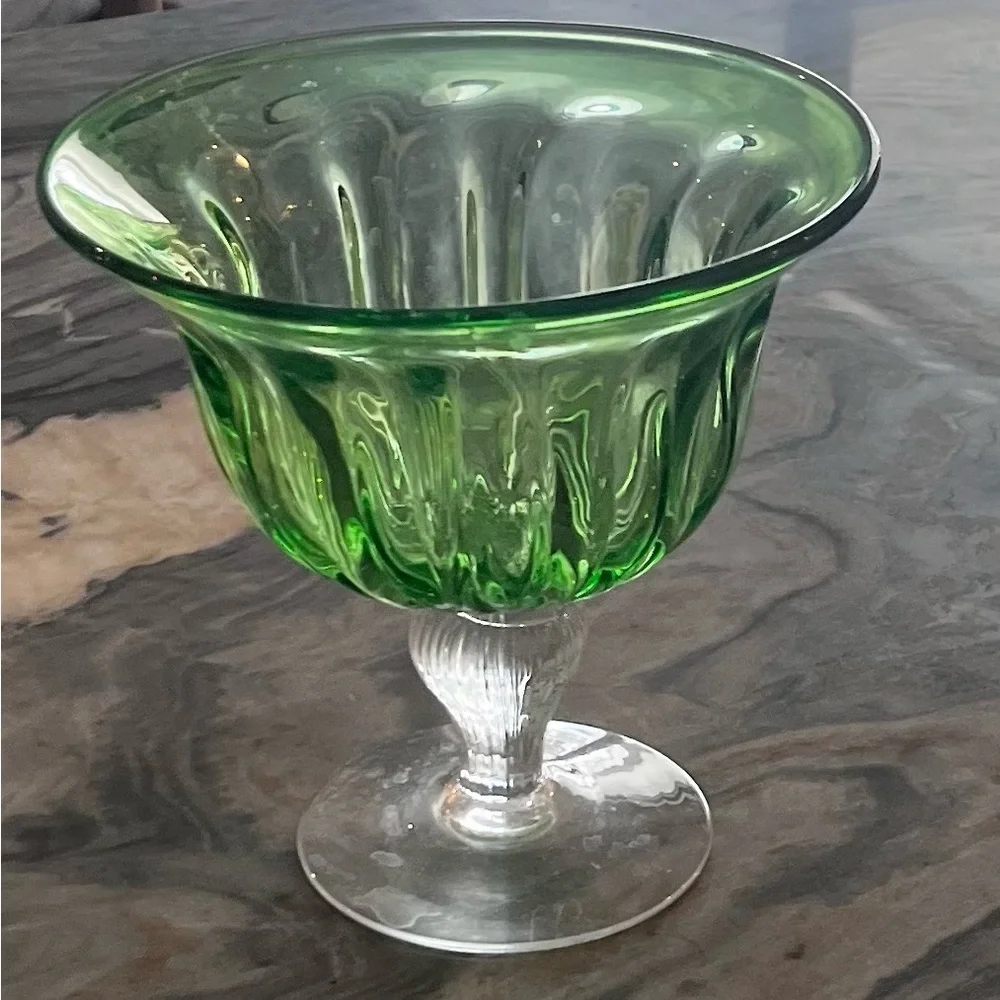 Hand Blown Green Fluted Compote Bowl Italy